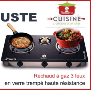 Réchaud a gaz 3 Feux en verre trempé Noir Robuste