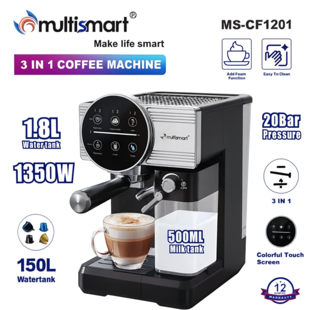 Machine à café 3en1 Lait et Café + Ccappuccino 20Bar 1.8L 1350w MULTISMART MS-CF1201 – Image 3