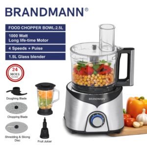 Robot inox Multifonctions 1000W - Hachoir 2.5L + Blender En verre 1.5 L Brandmann BR-FP2605