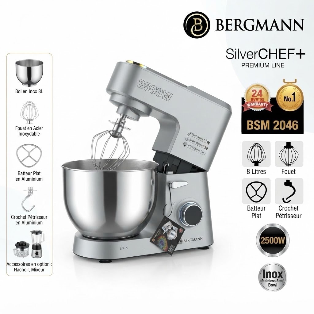 Robot Pâtissier Professionnel Bergmann SilverCHEF+ BSM 2046 8L 4KG 2500W